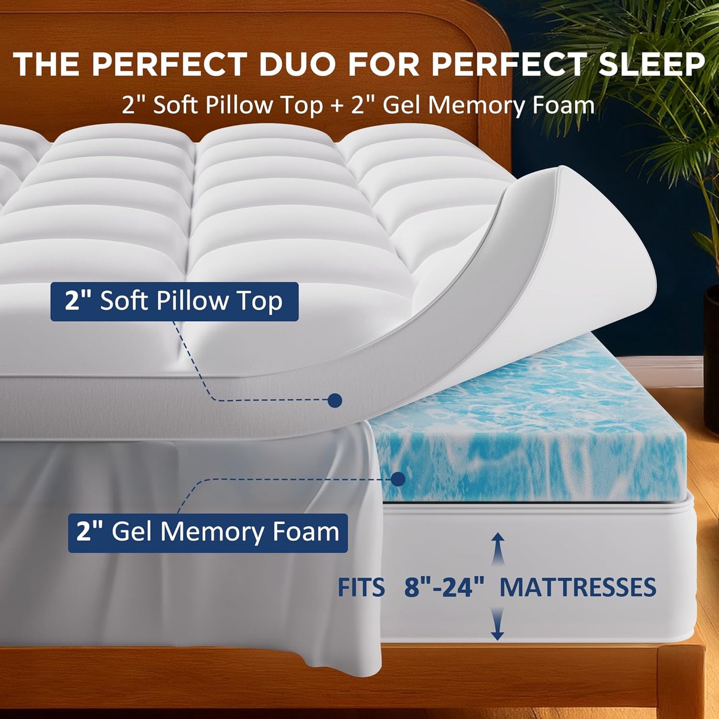 Airtree Full Size Dual Layer 4 Inch Memory Foam Mattress Topper, 2 Inch Gel Infused Memory Foam and 2 Inch Down Alternative Pillow Top Mattress Pad Cover, Medium Support for Back Pain & Side Sleep